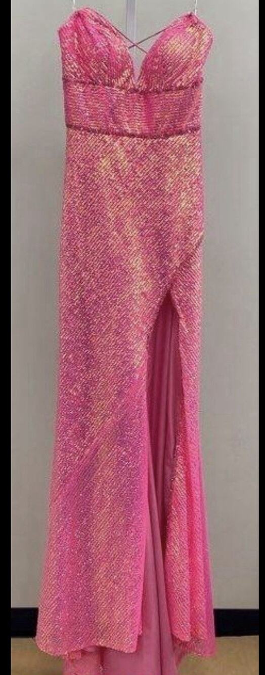 Rachel Allen Gown Prom Dress Sequin Princess Med 6 Pink Iridescent Open Back